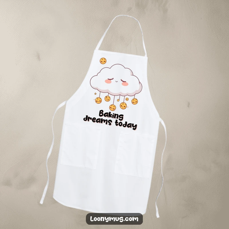 Funny sleepy cloud dreaming of raining cookies, on a durable and humorous kitchen apron. Perfect for baking.