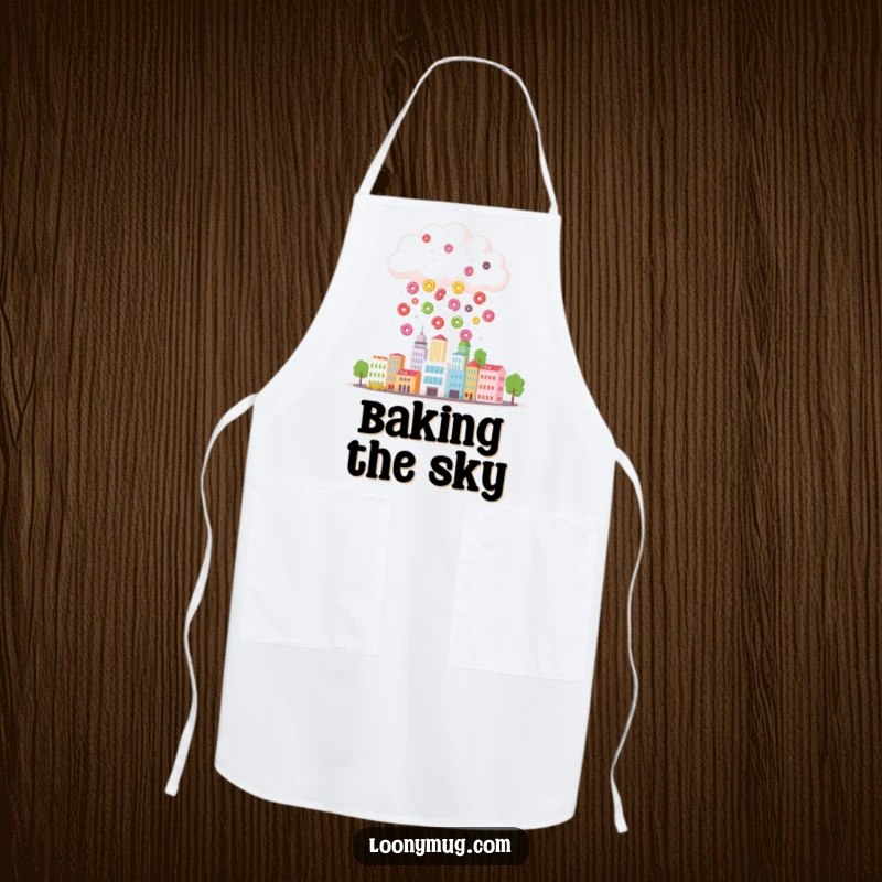 Funny apron design with a cloud raining colorful donuts onto a tiny cityscape, perfect for humorous and sweet kitchen protection.