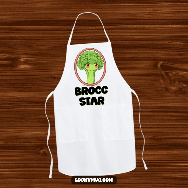 Funny apron depicting a proud broccoli admiring its florets in a mirror, perfect for humorous kitchen activities.