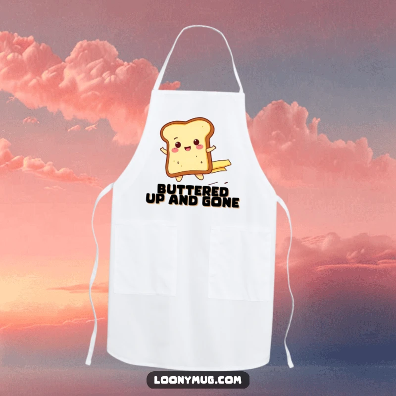 Funny cheerful toast slice riding a runaway butter pat, on a durable and humorous kitchen apron. Perfect for cooking.
