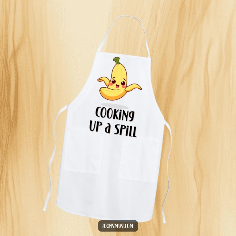 Funny Apron featuring a cheerful banana peel comically slipping on itself with a surprised expression, great for laughs.