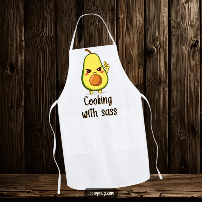 Funny apron featuring a grumpy avocado character giving a reluctant high-five, for humorous cooking sessions.