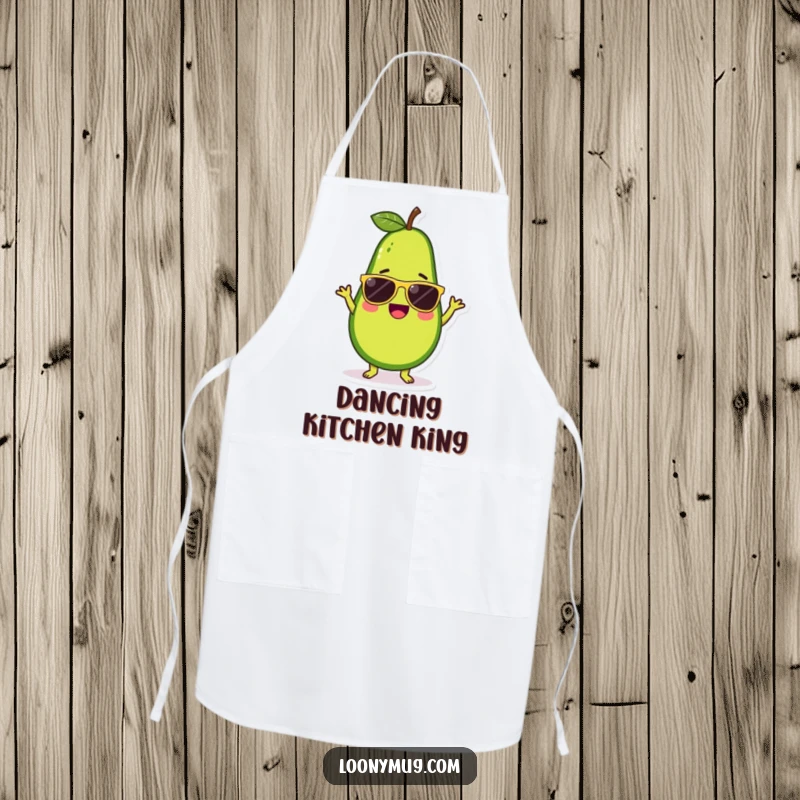 Funny kitchen apron showing a cute avocado character wearing sunglasses and performing a silly dance, ready to cook.
