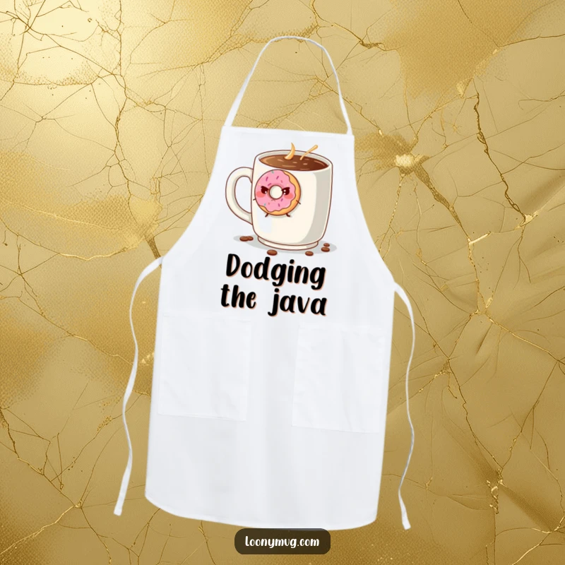 Funny grumpy donut trying to escape a giant coffee mug, on a durable and humorous kitchen apron. Protects clothes with style.