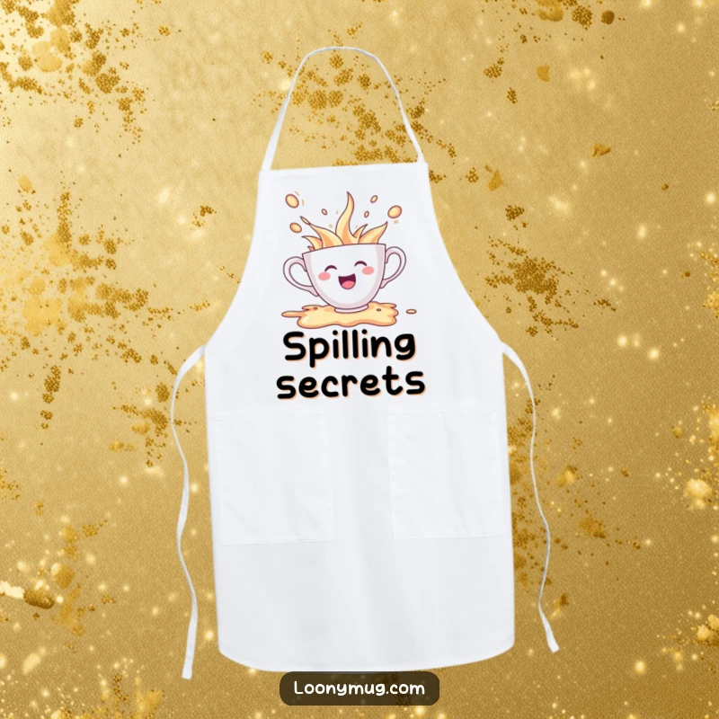 Funny apron featuring a cheerful teacup character spilling its contents in excitement, for humorous kitchen protection.