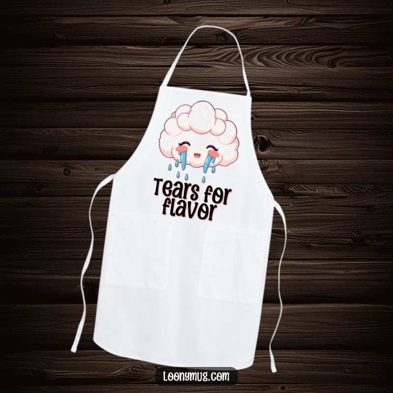 Funny apron depicting a cloud joyfully crying a rainbow, ideal for cooking and kitchen fun.