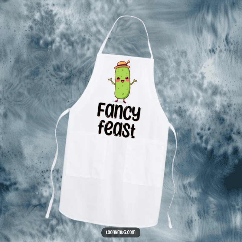 Funny apron depicting a pickle dancing in a top hat, perfect for kitchen protection and fun.