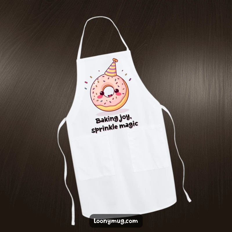 Funny apron showing a cheerful donut in a party hat juggling sprinkles.