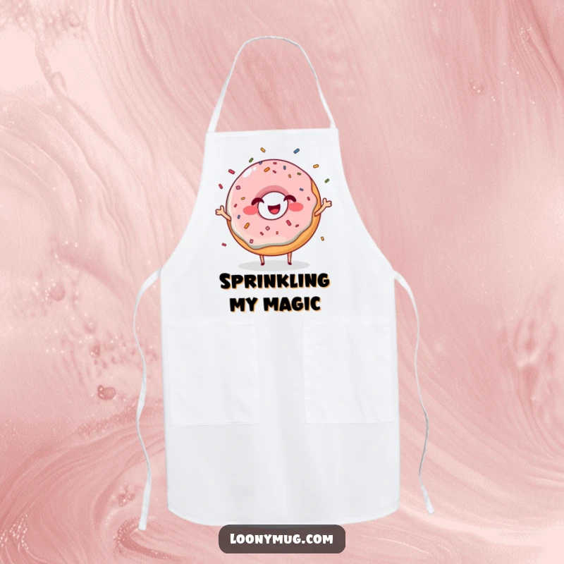 Funny giggling donut apron character juggling sprinkles with a grin, a fun and practical kitchen accessory.