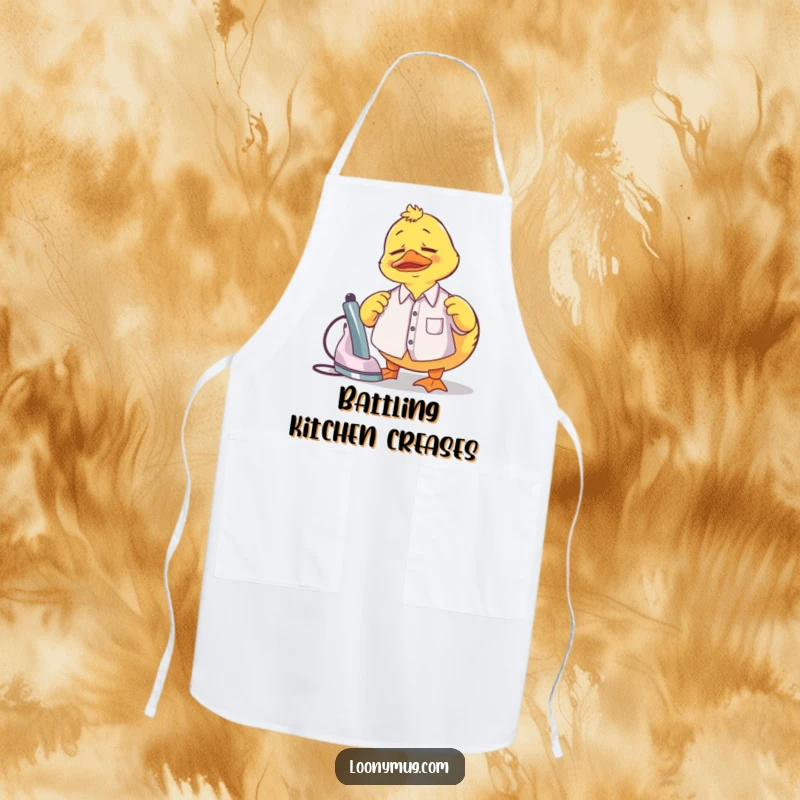 Funny Apron featuring a confused rubber duck trying to iron a small shirt, perfect for laundry day laughs.