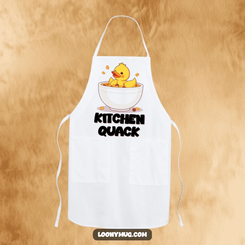 Funny apron depicting a rubber ducky stuck in a giant bowl of cereal, ideal for humorous kitchen activities.