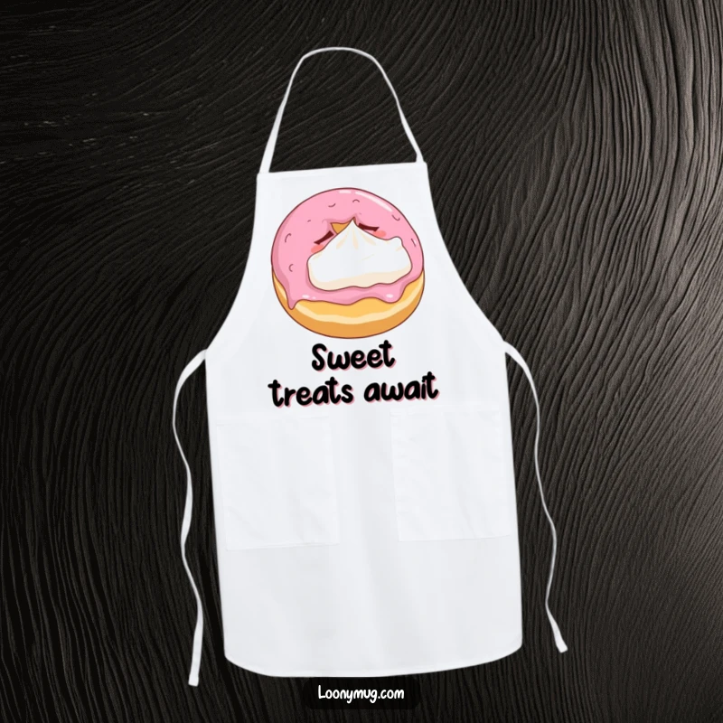 Funny apron adorned with a sleepy donut hugging a small whipped cream pillow, ideal for kitchen humor.