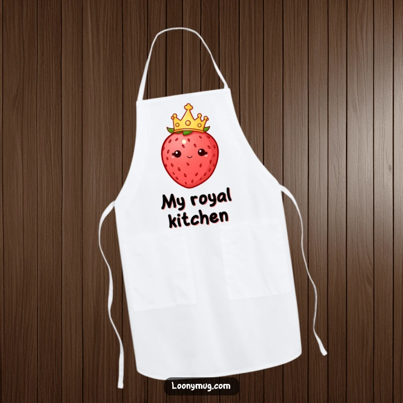 Funny apron depicting a plump strawberry wearing a tiny crown, looking imperious, ideal for cooking with royal flair.