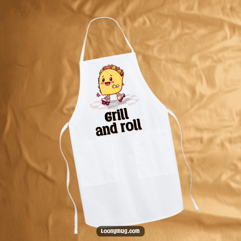 Funny taco wearing roller skates, zooming across a checkered floor, on a kitchen apron, humorous and practical.