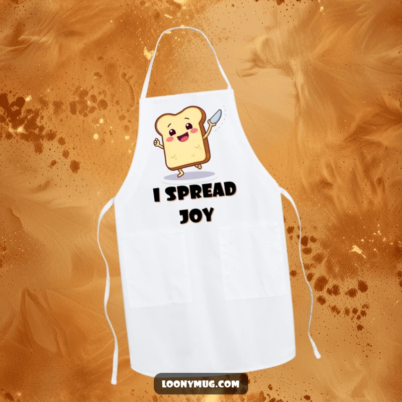 Funny apron design of a jubilant slice of toast in mid-dance, excitedly wielding a butter knife, perfect for kitchen fun.