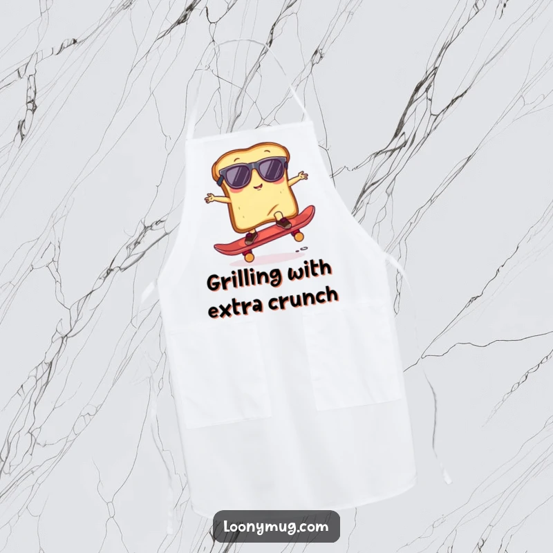 Funny Apron depicting a slice of toast wearing sunglasses, attempting a skateboard trick, perfect for a cool kitchen vibe.