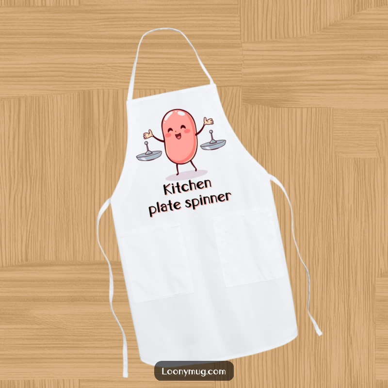 Funny apron designed with a wobbly jelly bean juggling three spinning plates, adding a whimsical touch to kitchen tasks.