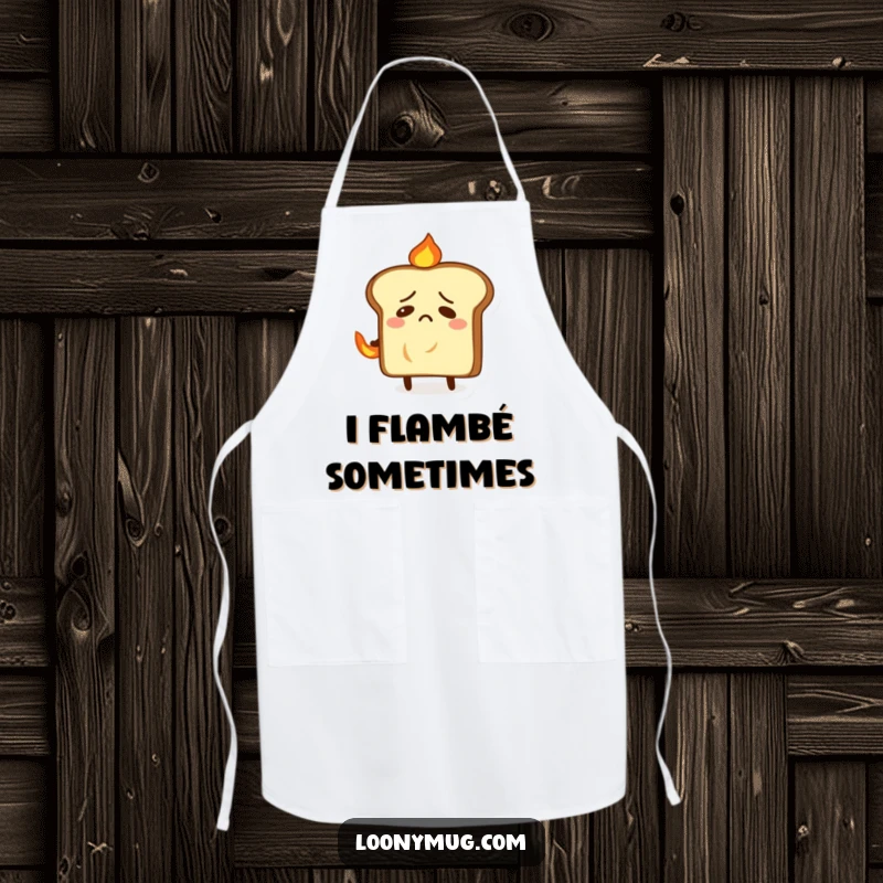 Funny apron showing a nervous slice of toast trying to put out a small fire on its back, ideal for humor.