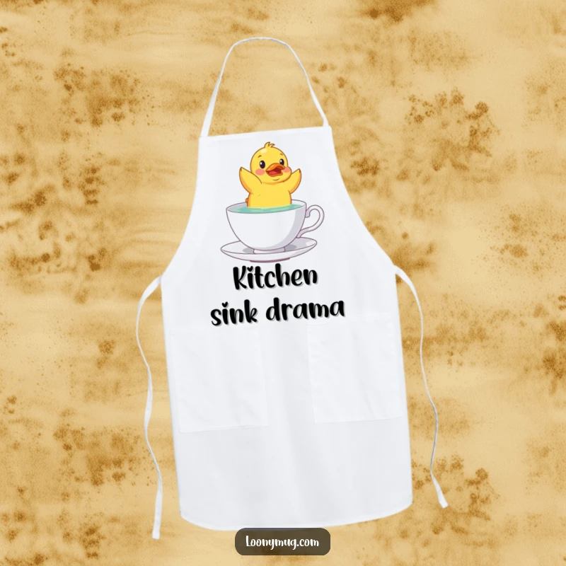 Funny rubber duck teacup apron, designed to keep cooking messes at bay with a humorous twist.