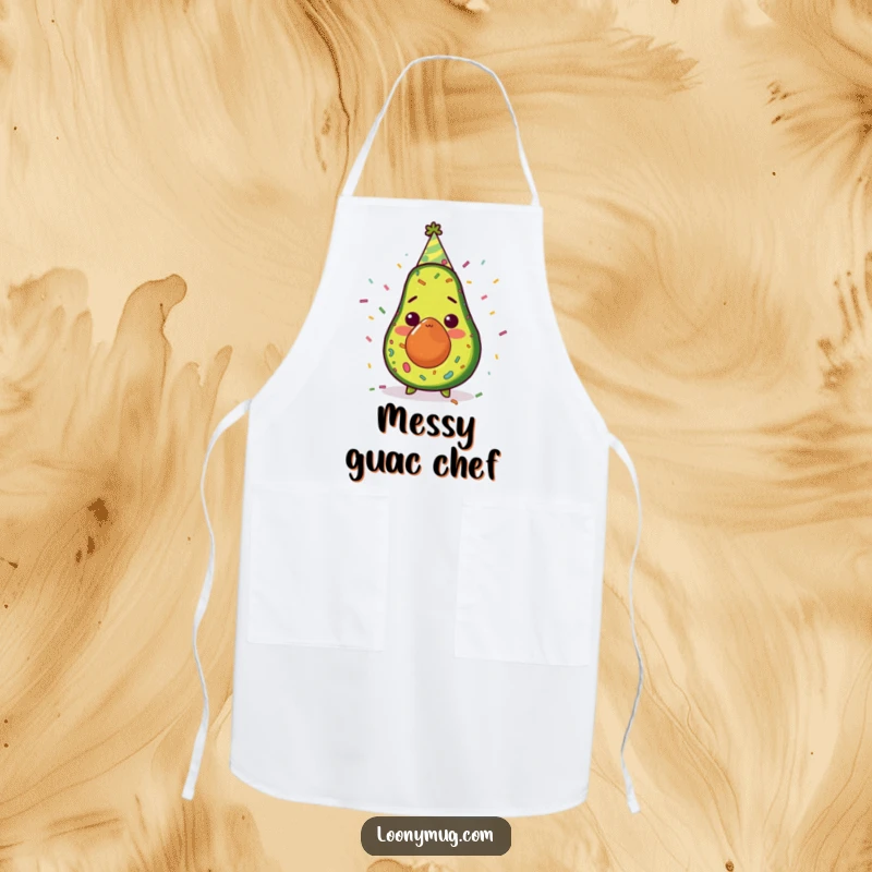 Funny avocado wearing a party hat, covered in confetti, on a kitchen apron, ready for cooking and parties, humorous.