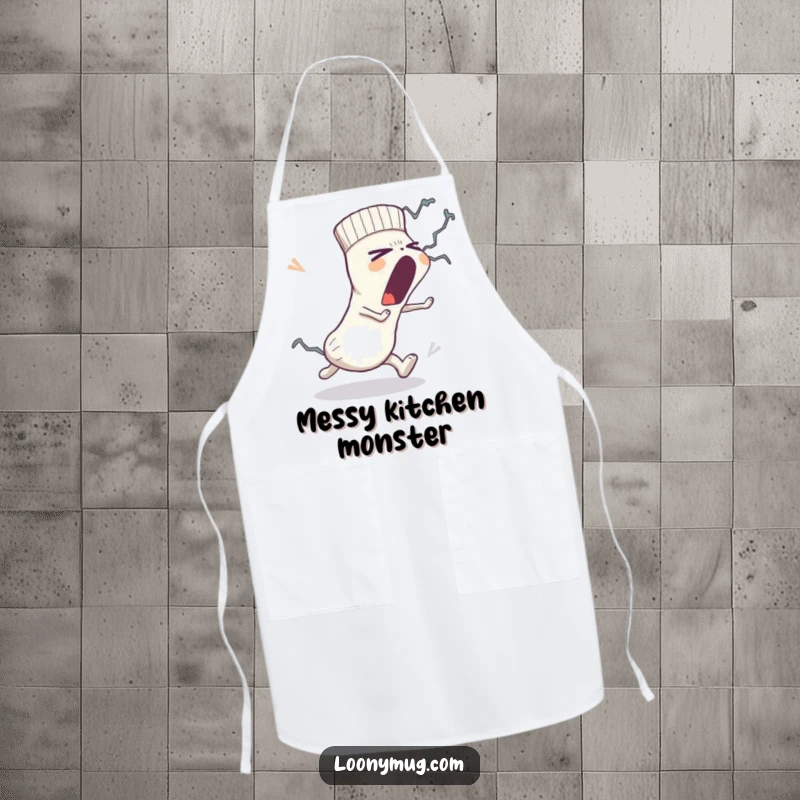 Funny apron: a sleepy sock yawns widely while being chased by a lint monster, designed for a humorous kitchen experience.