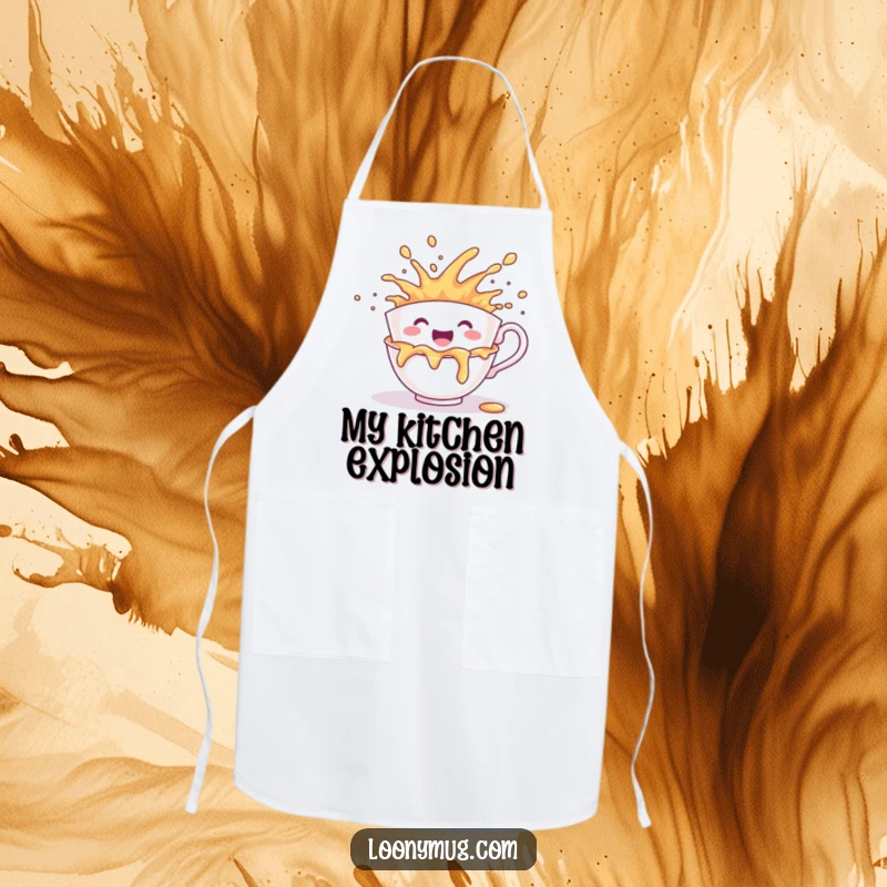 Funny apron showing a cheerful teacup character joyfully spilling its contents in a bubbly explosion.