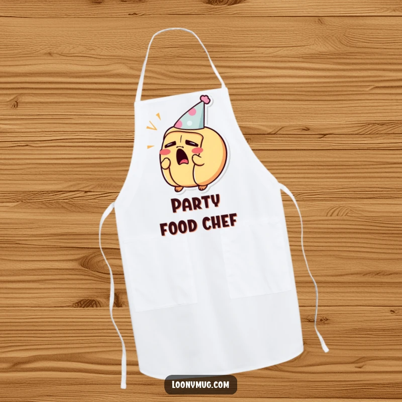 Funny apron depicting a sleepy hot dog character yawning while wearing a small party hat.