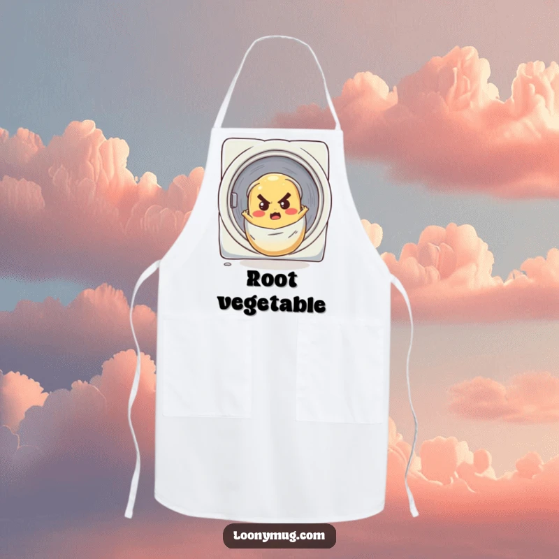 Funny apron featuring a determined potato on a laundry chute mission, adding humor to kitchen activities.