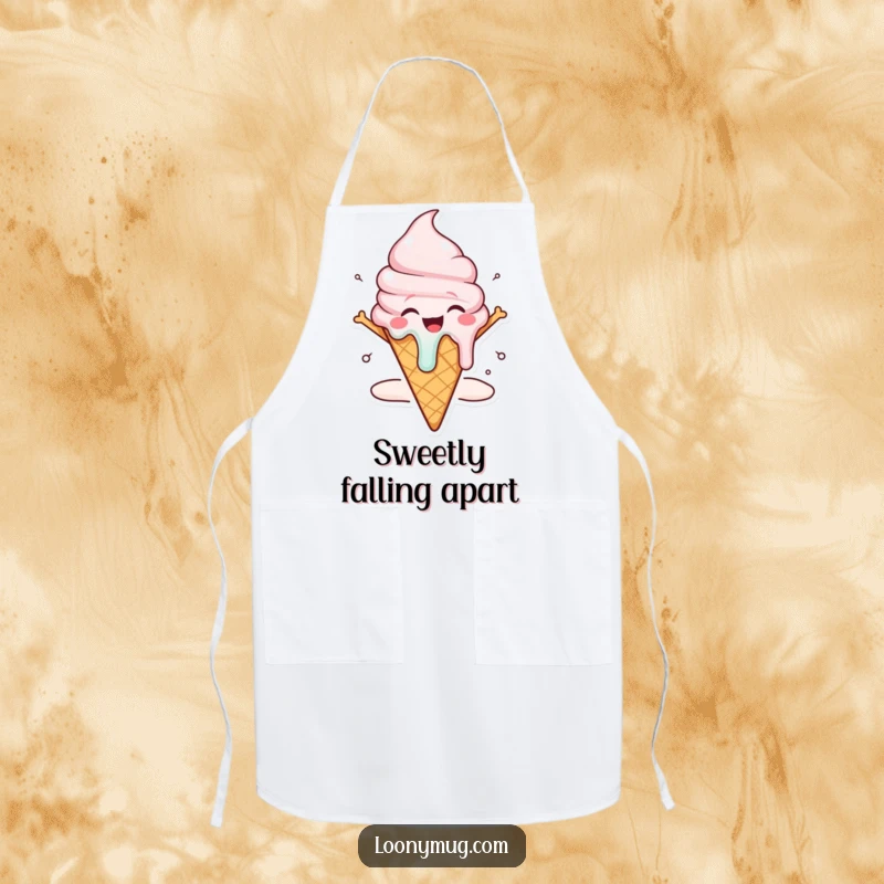 Funny ice cream cone apron character melting dramatically with joy, a fun and practical kitchen accessory.
