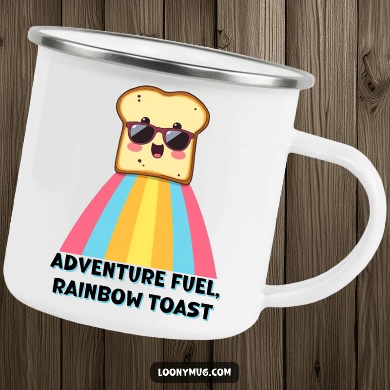 Funny camping mug showing a surprised slice of toast in sunglasses sliding down a rainbow.