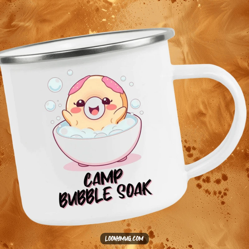 Funny camping mug with a happy donut character blissfully floating in a bubble bath, perfect for relaxing outdoors.