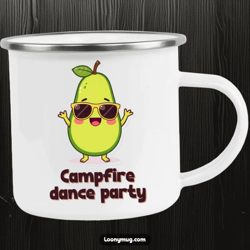 Funny camping mug with a cute avocado character wearing sunglasses and doing a silly dance, perfect for outdoor fun.