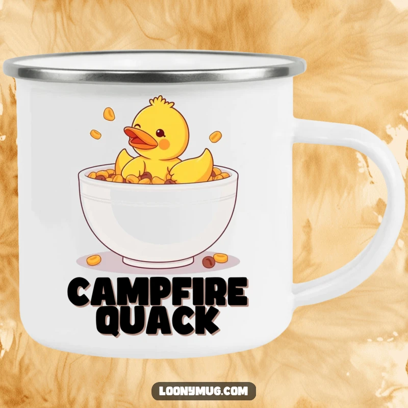 Funny camping mug showing a rubber ducky stuck in a giant bowl of cereal, perfect for quirky outdoor moments.
