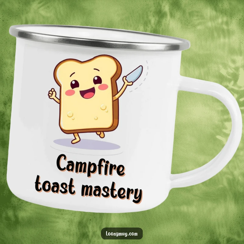 Funny camping mug showing a jubilant slice of toast doing a happy dance, complete with a butter knife, ready for the outdoors.