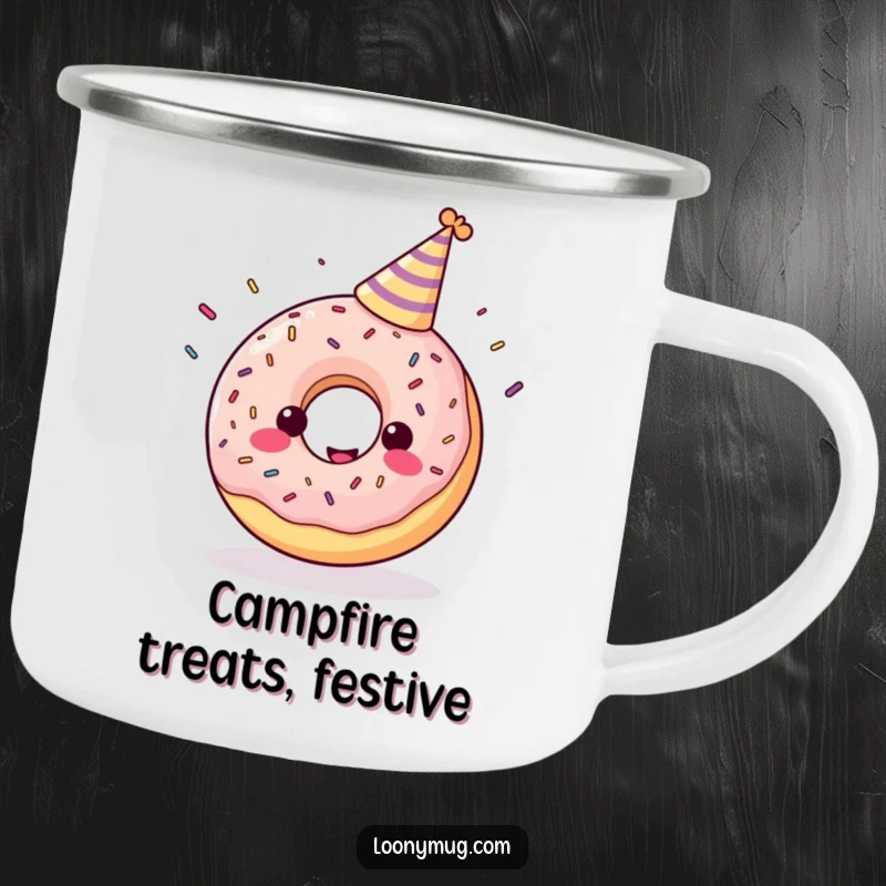 Funny camping mug showing a cheerful donut in a party hat juggling sprinkles.