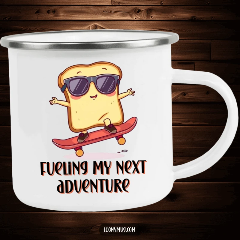 Funny Camping Mug showing a slice of toast wearing sunglasses, attempting a skateboard trick, designed for cool outdoor adventures.