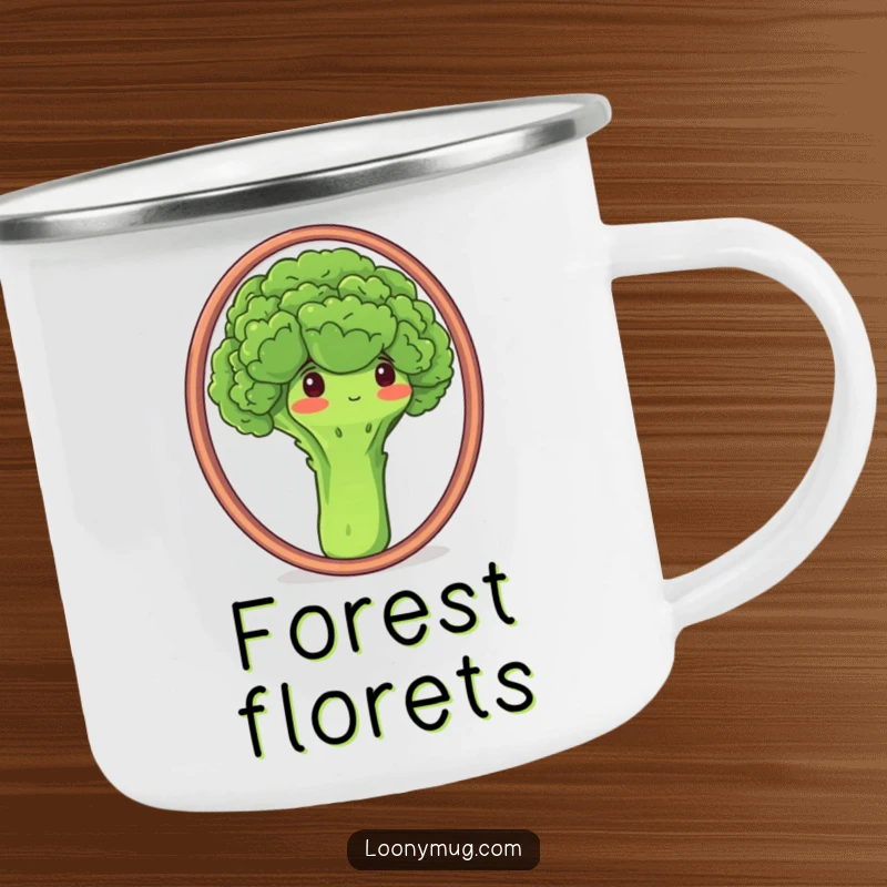Funny camping mug showing a proud broccoli admiring its reflection in a mirror, perfect for healthy outdoor moments.