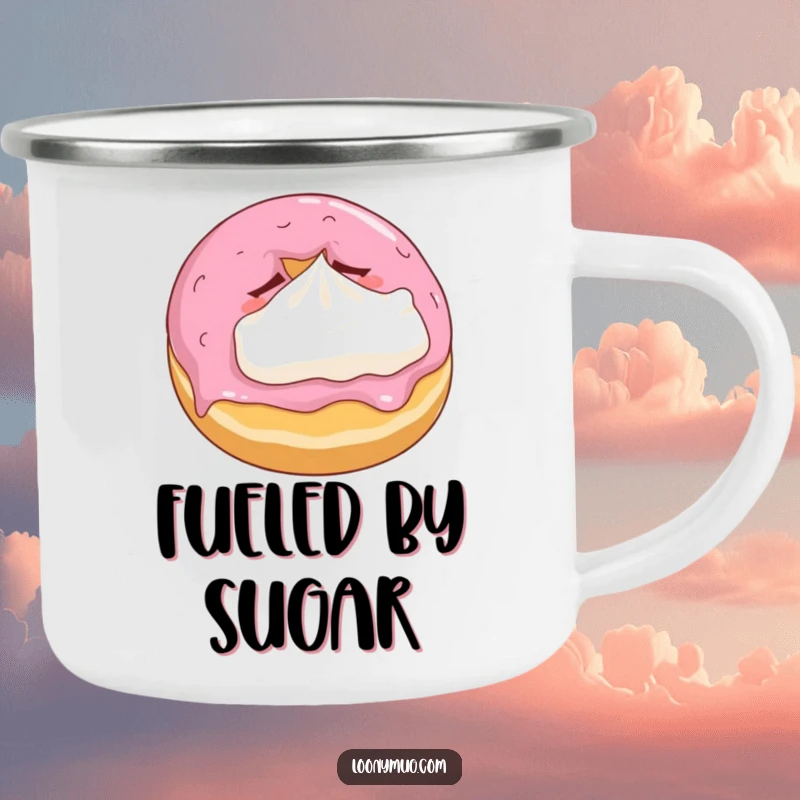 Funny camping mug showing a sleepy donut snuggling a mini whipped cream pillow, ready for outdoor adventures.