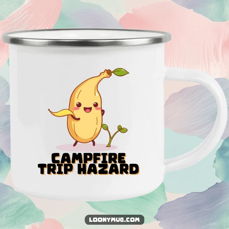 Funny camping mug featuring a mischievous banana peel attempting to trip a potato sprout, great for outdoor fun.