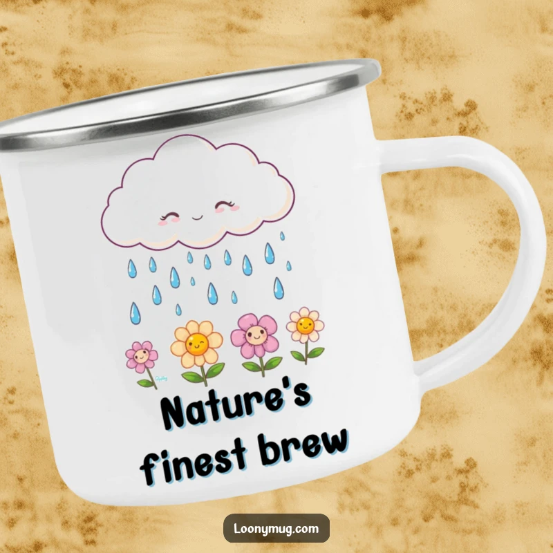 Funny camping mug showing a fluffy cloud raining smiling raindrops onto happy flowers, ideal for outdoor enthusiasts who love cheer.