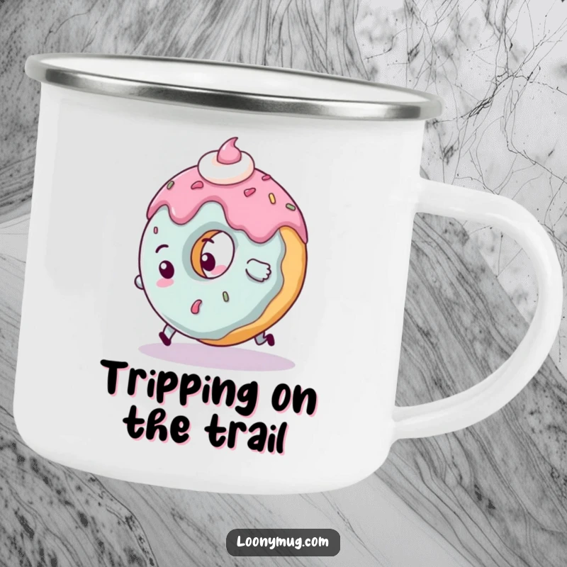 Funny clumsy donut camping mug character tripping over its frosting, ideal for outdoor moments.