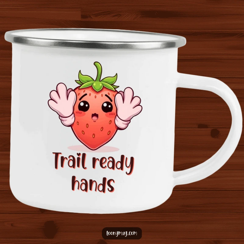 Funny gardening strawberry on a sturdy camping mug, perfect for enjoying drinks outdoors with a humorous touch.