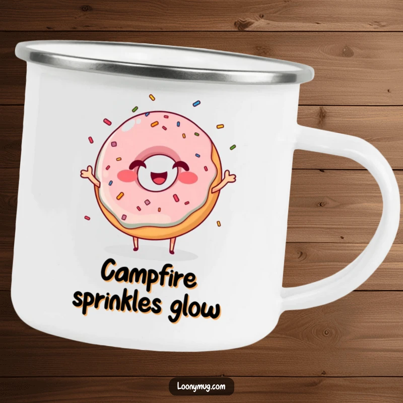 Funny giggling donut camping mug character juggling sprinkles with a grin, ideal for sweet outdoor moments.