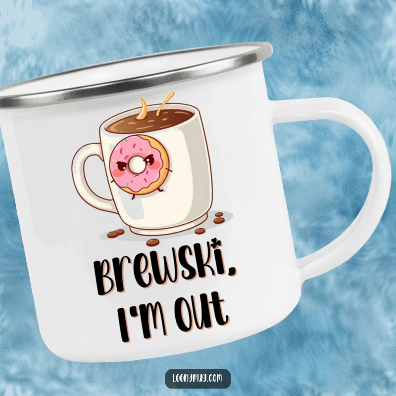 Funny grumpy donut trying to escape a giant coffee mug, on a durable camping mug. Ideal for outdoor coffee breaks.