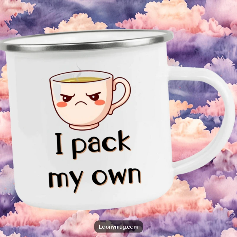 Funny camping mug with a grumpy teacup design, perfect for hot drinks and sarcastic mornings.