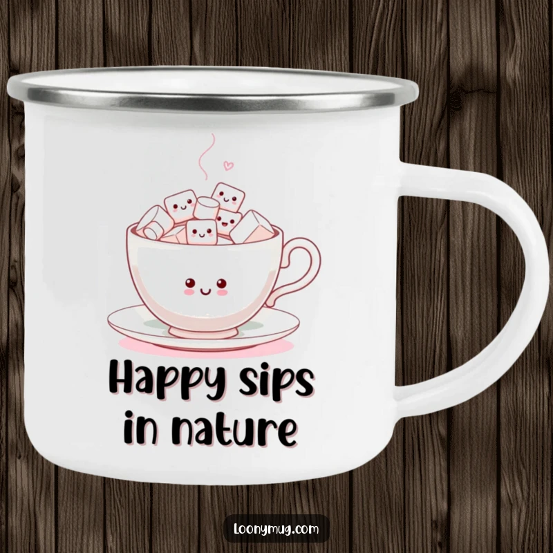 Funny Camping Mug with a joyful teacup full of tiny, dancing marshmallows, ideal for outdoor fun and laughter.