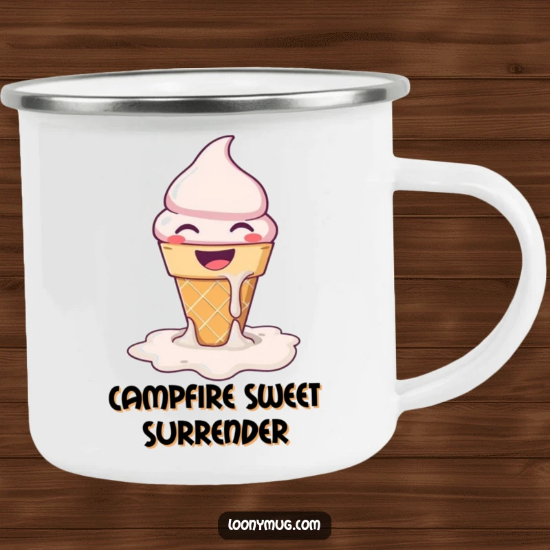 Funny melting ice cream cone on a sturdy camping mug, perfect for enjoying drinks outdoors with humor.