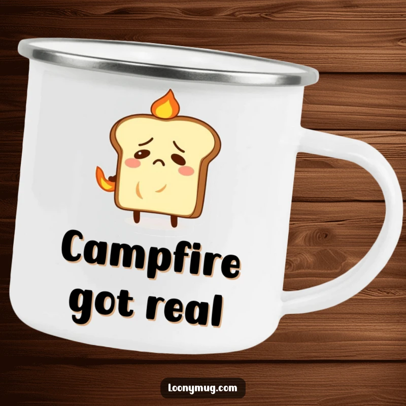 Funny camping mug featuring a nervous slice of toast trying to put out a small fire on its back, for humor.