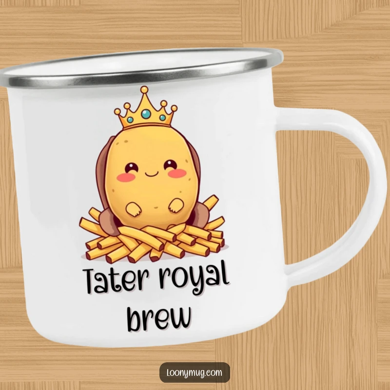 Funny camping mug depicting a proud potato king on a french fry throne, ideal for humorous and regal outdoor beverage enjoyment.