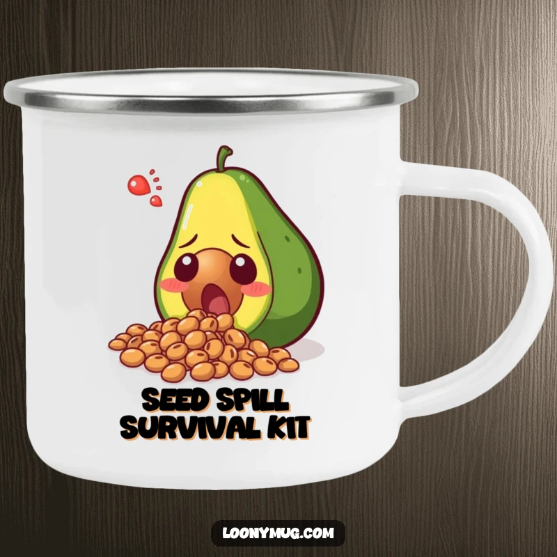 Funny shocked avocado spilling its seeds in disbelief, on a durable camping mug. Ideal for enjoying drinks outdoors with humor.